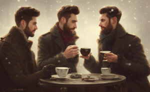 men-in-winter-coats-drinking-tea from a tea subscription gift
